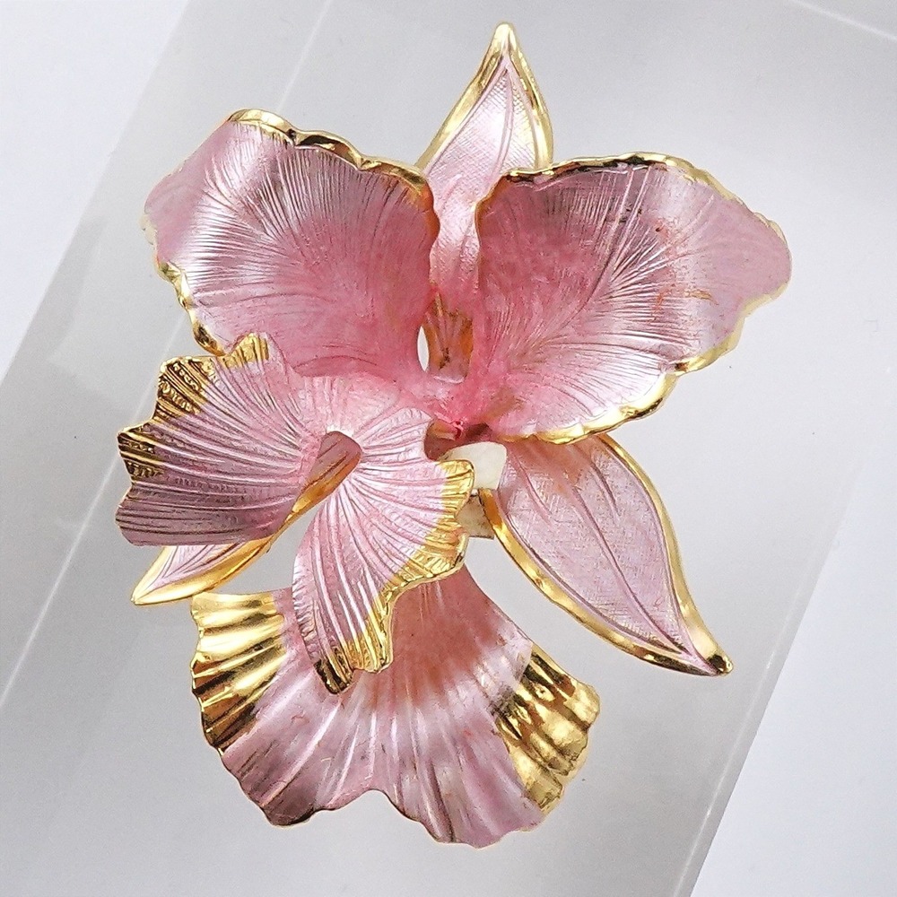 VTG‎ Cerrito 1982 Pink Enamel 3D Orchid Brooch Gold Tone Love Flower Romantic